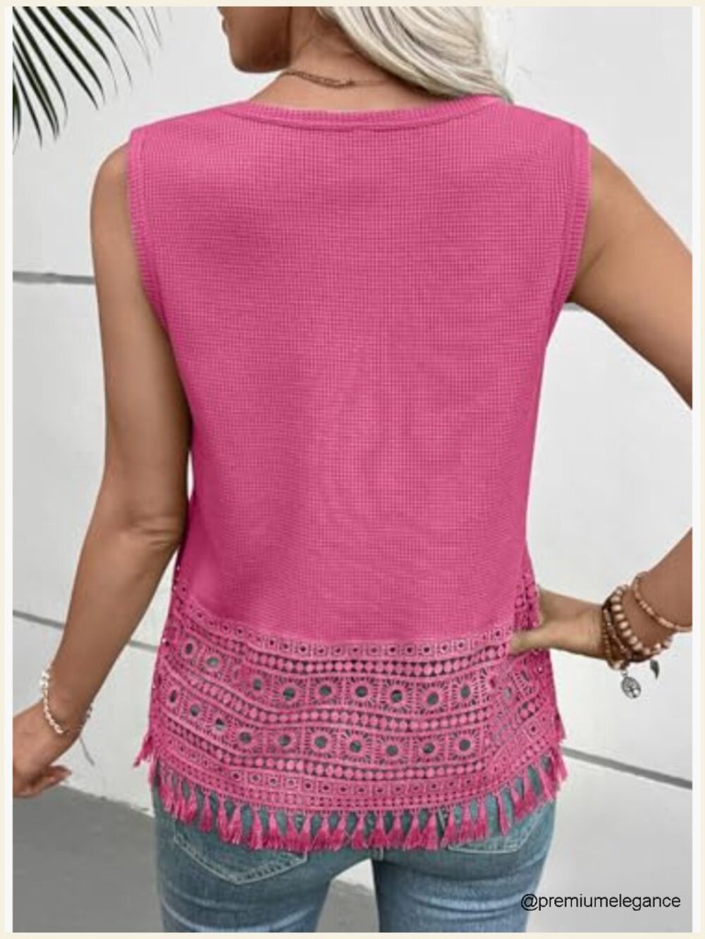 Waffle Knit Lace Crochet Boho Tank Top Sleeveless Crewneck Casual Vacation - Picture 4 of 6